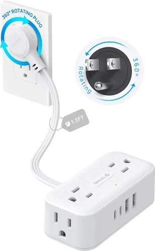 Vista 9 de TROND - Regleta de alimentación con enchufe plano giratorio de 360°, cable de extensión de 3 pies con 4 puertos USB, 4 tomas de CA ampliamente