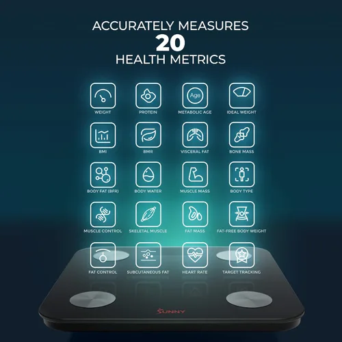 Vista 3 de Sunny Health & Fitness Báscula de IMC de composición de grasa corporal avanzada de 20 métricas con aplicación de seguimiento y analizador de salud