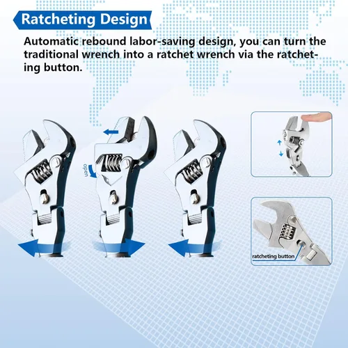 Vista 4 de Llave ajustable Flexhead, llaves de media luna de trinquete de 10" a 12" con vástago de extensión retráctil y cabezal giratorio de 180⁰