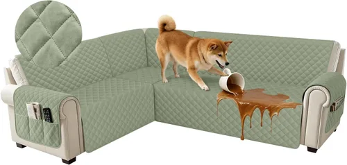 Vista 24 de Fundas impermeables para sofá seccional de esquina en forma de L, de terciopelo, juego de 6 piezas, funda en forma de U para sofá, para perros