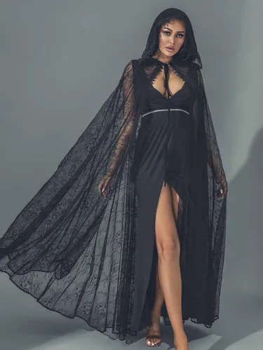 Vista 3 de GORAIS Capa larga con capucha de encaje para mujer, capa larga transparente de Halloween, para noche de boda