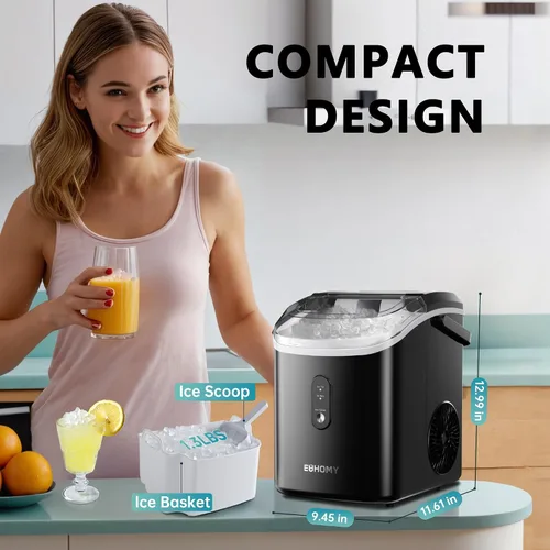 Vista 8 de EUHOMY, Fabricador de hielo para encimera con asa, listo en 6 minutos, 34 libras por día, cubierta superior extraíble, autolimpiante, máquina
