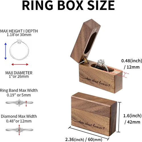 Vista 6 de Caja de anillo de compromiso de madera, pequeña funda plana delgada para propuesta, boda (Qué tal para siempre)