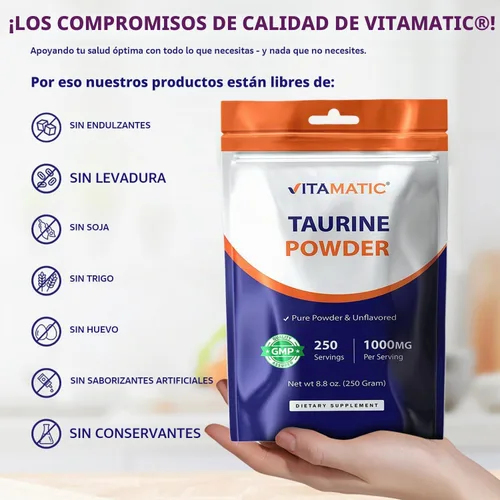 Vista 7 de Vitamatic Taurina pura 1000 mg 250 porciones - Sin OMG, sin gluten