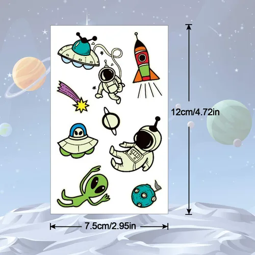 Vista 3 de PHOGARY 20 hojas de calcomanías espaciales para niños (brillan en la oscuridad), tatuajes falsos para niños, divertidos tatuajes temporales como