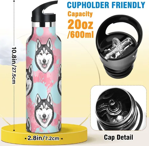 Vista 2 de Kids Water Bottle for School, Kids Stainless Steel Water Bottle for Travel or School 20 Oz, BPA-Free, Black White Husky Dog