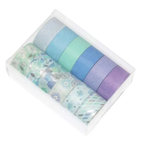 Vista 5 de YUBBAEX - Juego de 12 rollos de cinta Washi azul plateada, cinta adhesiva decorativa (mezcla azul)