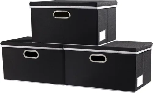 Vista 49 de PRANDOM Contenedores de almacenamiento con tapas [paquete de 3] cajas de almacenamiento plegables de tela de lino, canastas organizadoras, cubos