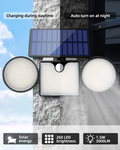 Vista 2 de Luces solares de pared para exteriores, 3 cabezales ajustables de 270°, iluminación de gran angular de 3000 lúmenes, 204 luces LED de inundación