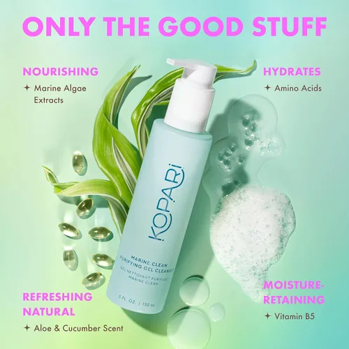 Vista 4 de Kopari Marine Clean Limpiador en gel purificador, infundido con aminoácidos y vitamina B5, limpiador de gel a espuma de doble acción, suave