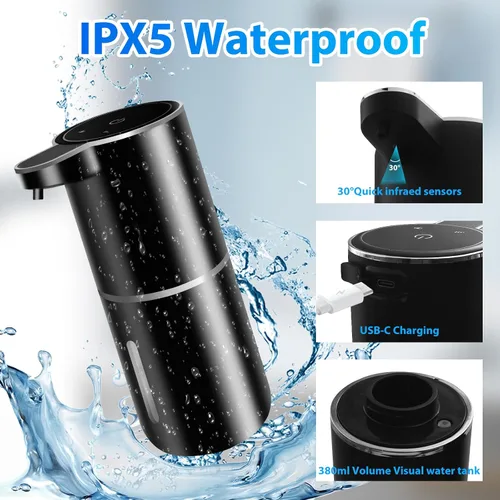 Vista 5 de Paquete de 2 dispensadores automáticos de jabón espumoso, 12.8 onzas, 12.8 fl oz, recargable por USB, dispensador eléctrico de jabón de manos de 4
