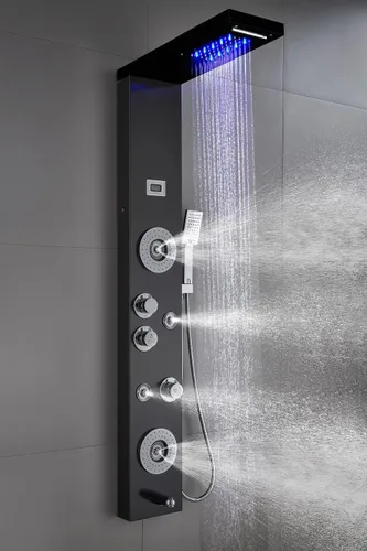 Vista 2 de Sistema de panel de ducha de acero inoxidable tipo torre de Ello&Allo, cabezal de LED, modo cascada o lluvia sistema de hidromasaje con chorros