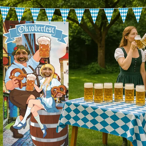 Vista 6 de Iceyyyy Juego de accesorios para fotos de Oktoberfest – 6 x 3.3 pies para el Oktoberfest para puerta de fotos y telón de fondo y 22 pies de bandera