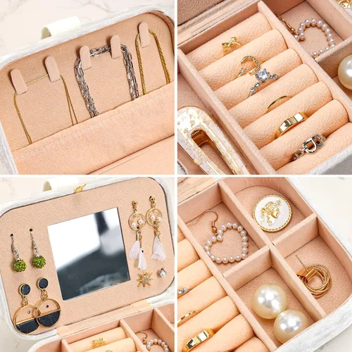 Vista 4 de Fixwal Joyero de viaje de terciopelo de felpa, pequeño organizador de joyas de viaje para mujeres y niñas, joyero portátil con espejo para anillos