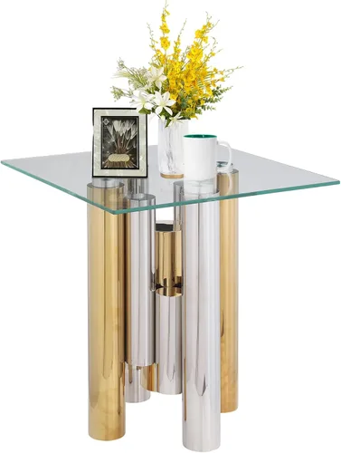 Vista 24 de Mesa de centro de vidrio templado de 31.5 pulgadas, moderna mesa de té dorada de 2 niveles con estante inferior, mesas centrales de lujo con marco