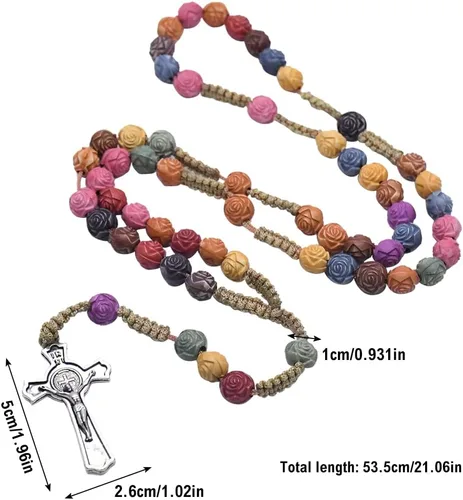 Vista 9 de Cruz de pared de crucifijo, cruz católica hecha a mano con cuentas de rosario, bautismo, oración religiosa, collar de cruz, colgante pectoral