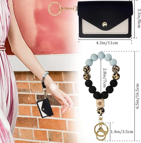 Vista 2 de Llavero de pulsera para mujer, pulsera de silicona con cuentas de silicona, llaveros con soporte para tarjetas