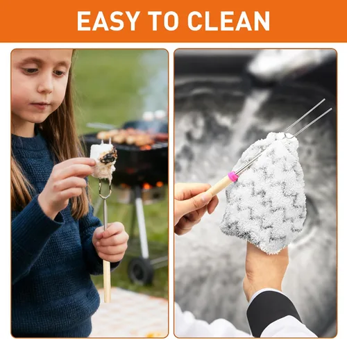 Vista 5 de Smores Sticks para hoguera, palos para asar malvaviscos de 32 pulgadas, tenedores extensibles de acero inoxidable con asas de madera, kit de 8