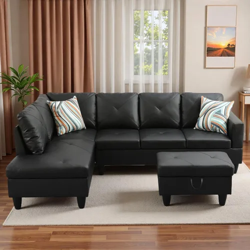 Vista 12 de Sofá modular de cuero en forma de L de 3 piezas – Sofá modular convertible con diván móvil y otomana de almacenamiento, uso multiescenario para sala