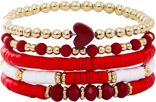 Vista 7 de Caiyao Juego de pulseras apilables de arcilla con corazón multicapa de Bohemia, pulseras elásticas con cuentas doradas de arcilla Heishi para Verde