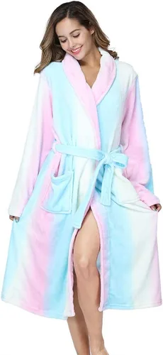 Vista 4 de RONGTAI Bata de baño para mujer, de felpa, cálida, larga, de forro polar, ropa de dormir
