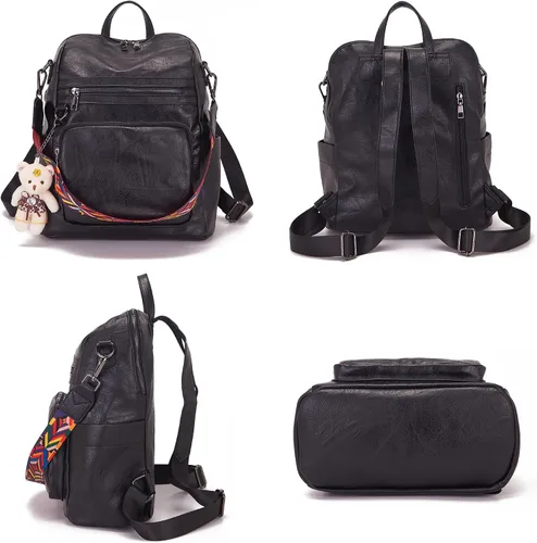 Vista 3 de Qiyuer Mochila de piel sintética para mujer, bolso de hombro convertible de viaje para mujer, color negro