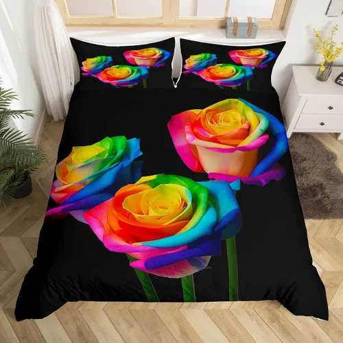 Vista 3 de Juego de funda de edredón con diseño floral de rosas arcoíris para niños, niñas y mujeres, funda de edredón colorida para parejas, enamorados, día