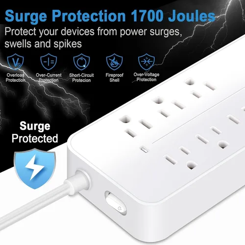 Vista 6 de Protección contra sobretensiones de 5 pies con cable plano de extensión, regleta de alimentación con enchufe plano listada por ETL, 8 tomas de CA, 4