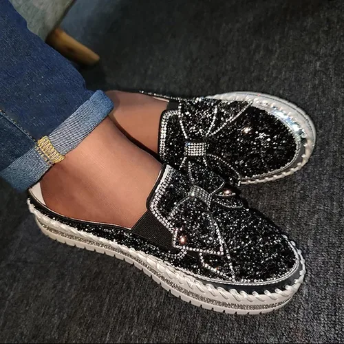 Vista 4 de Hbeylia Zapatos deportivos sin cordones para mujer, con lentejuelas y diamantes de imitación, diseño de lazo, plataforma, transpirables