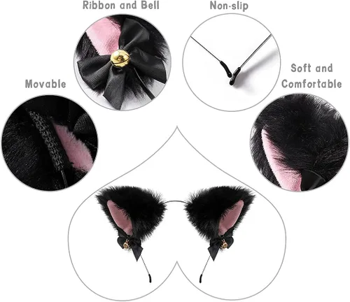 Vista 3 de Uranian Diadema de orejas de gato con campanas y orejas de neko para el cabello accesorio para el cabello de anime para cosplay de Halloween