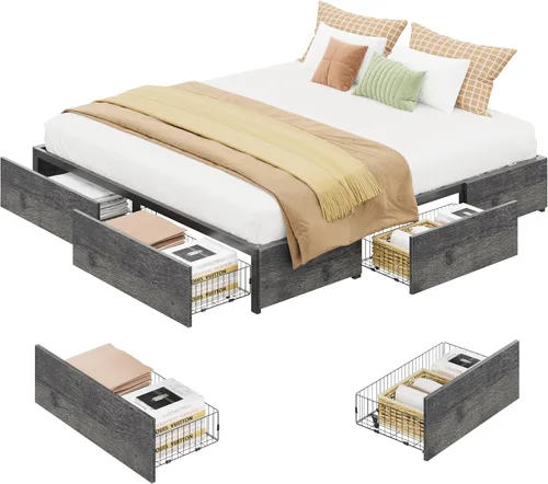 Vista 9 de LIKIMIO Base de cama King con 4 cajones de almacenamiento, color gris Gris carbón