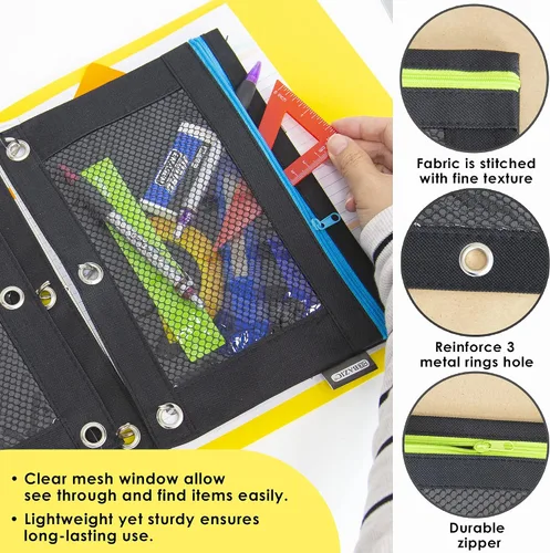 Vista 3 de BAZIC Products Noir Neon - Estuche para lápices de 3 anillos con ventana de malla, construcción duradera, para carpetas escolares, caja de 24