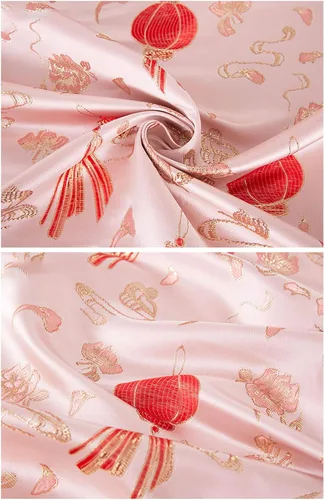 Vista 4 de BAWHO Besutiful Dyeing Jacquard Silk Satin Fabric Inelastic Cheongsam Style Pink Festive Red Lantern Pattern Golden Line Edge Cloth for Tang Suit