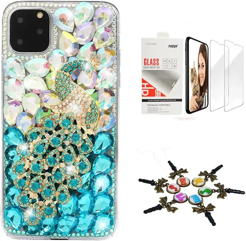 Vista 6 de Sparkle - Carcasa para iPhone 12 (2 unidades), diseño de hojas de leopardo y brillantes, color champán