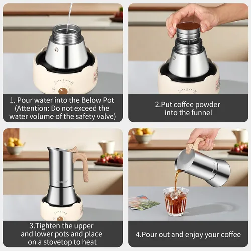 Vista 2 de Mongdio Olla Moka de acero inoxidable, cafetera espresso para estufa, cafetera percoladora, cafetera italiana espresso greca para camping, viajes
