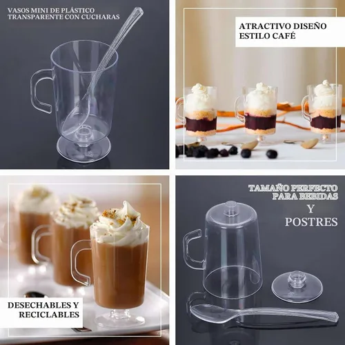 Vista 4 de Efavormart 24 Pack Tazas de café, té y espresso de plástico transparente mini de 2oz con cucharas, juego de tazas desechables para postres y Type7