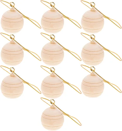 Vista 10 de EXCEART 10 adornos de madera de Navidad sin terminar, bolas de árbol de Navidad en blanco, hechas a mano, cascabel, adornos colgantes