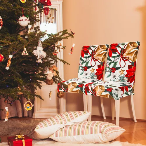 Vista 7 de 4 fundas para sillas de Navidad, diseño de flor de pascua roja vintage, fundas protectoras elásticas extraíbles y elásticas para el hogar, cocina