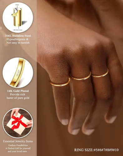 Vista 3 de LOYALLOOK Anillos apilables rellenos de oro de 14 quilates de 0.059 pulgadas para mujer, anillos de acero inoxidable lisos y delgados para nudillos