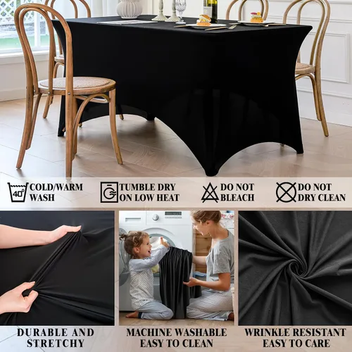 Vista 3 de Famstar Paño de Mesa Negro de 4 Pies de Elastano, Paño de Mesa Ajustado para Mesas Rectangulares, Fundas Elásticas Lavables Sin Arrugas
