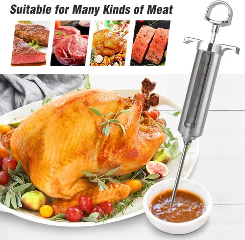 Vista 6 de Ofargo Kit de inyector de carne para ahumador con 3 agujas de jeringa inyectoras de barbacoa sabor marinada, adobos inyectores para carnes, pavo