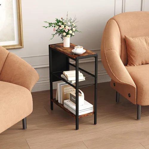 Vista 9 de Yusong Mesa auxiliar pequeña y estrecha para espacios pequeños, mesa auxiliar delgada con bolsa de almacenamiento, mesa de aperitivos para sofá