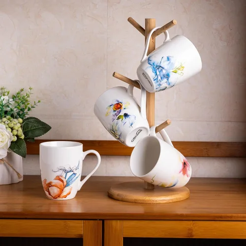 Vista 7 de GBhome Juego de 6 tazas de café de 12 onzas, tazas de café de cerámica con flores adhesivas para hombre, mujer, mamá, papá, juego de tazas de café