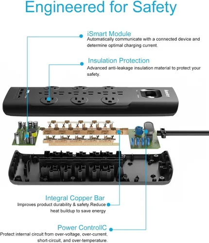 Vista 7 de Huntkey - Regleta protectora de sobretensiones (3480J), 12 salidas con 2 USB A y USB C de 20 W, carga rápida, enchufe plano de 6 pies, cable