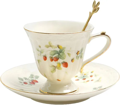 Vista 8 de Juego de taza de té y platillo de porcelana, taza de café de cerámica de 8.5 onzas líquidas con platillo y cuchara, taza de café vintage con ribete