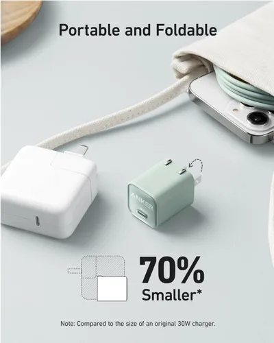 Vista 4 de Anker Cargador de teléfono nano, portátil de 30 W y cargador plegable USB C Verde