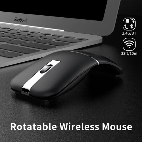 Vista 2 de Ratón de viaje Bluetooth Arc, mouse inalámbrico giratorio recargable ultrafino, modo dual (BT5.0/3.0+2.4G), mouse portátil de arco silencioso Negro