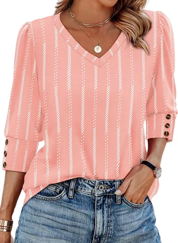 Vista 11 de XIEERDUO - Blusas de manga 3/4 para mujer, cuello en V, con botones, estilo A-blanco