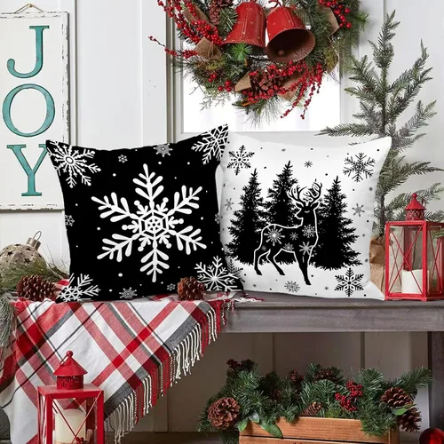 Vista 5 de Lanpn Juego de 4 fundas de almohada de Navidad negras de 12 x 12 pulgadas, fundas de almohada decorativas de invierno, cojín de árbol de Navidad