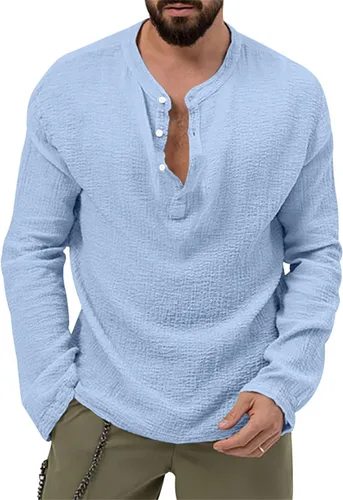 Vista 11 de Camisa Henley con botones para hombre, cuello redondo, ligera, de manga larga, casual, holgada, transpirable, a la moda